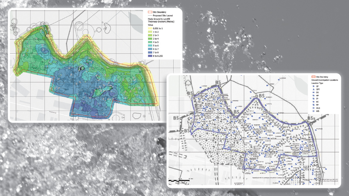 Figures 5: (left) Spatial variation in landfill thickness 2023 and (right) historic site layout (1976) with present day boreholes overlaid - Courtesy of Arcadis