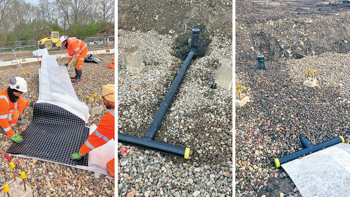 Figure 6: Gas protection void former being laid on stone blanket prior to tank base blinding, Connections to vents at tank perimeter - Courtesy of BAM