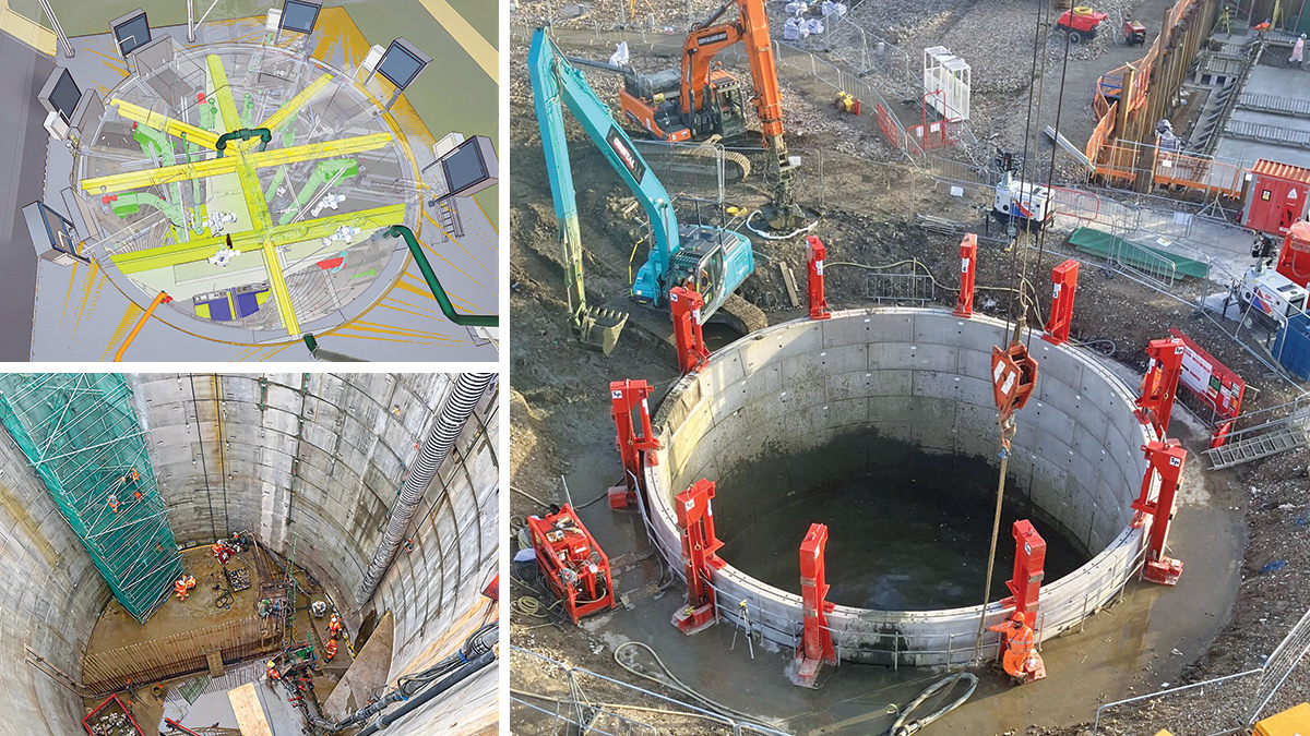 Figure 9: (top left) 3D model of the Inlet Pumping Station (IPS) - Courtesy of Arcadis, (bottom left): steel fixing to IPS internal walls - Courtesy of BAM Enpure JV, and (right): IPS shaft construction - Courtesy of BAM