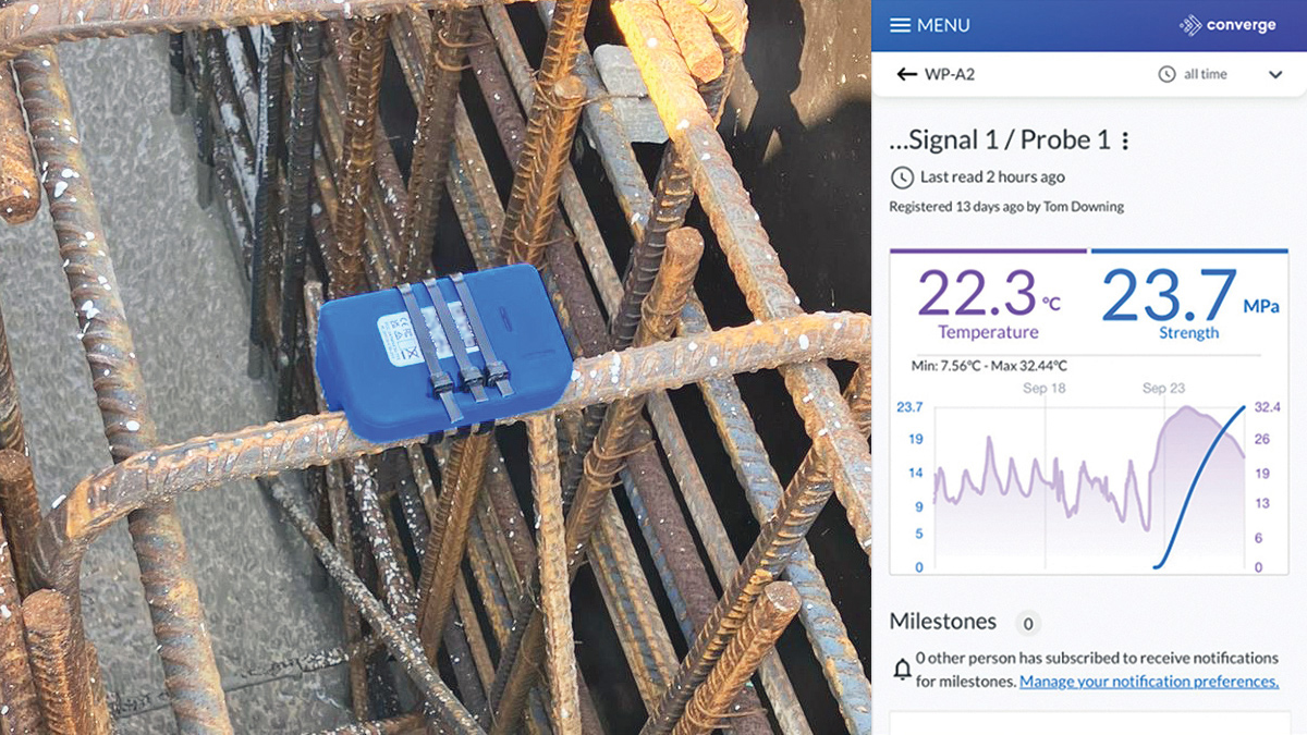 (left) Concrete sensor being cast into the wall and (right) analysis of data collected - Courtesy of MMB