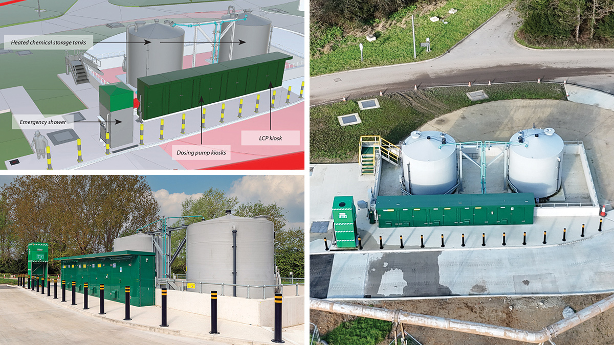 3D model of chemical dosing arrangement (courtesy of YTL Construction) and the as-built chemical dosing (Stream 2) delivery & storage bund - Courtesy of Envolve Infrastructure