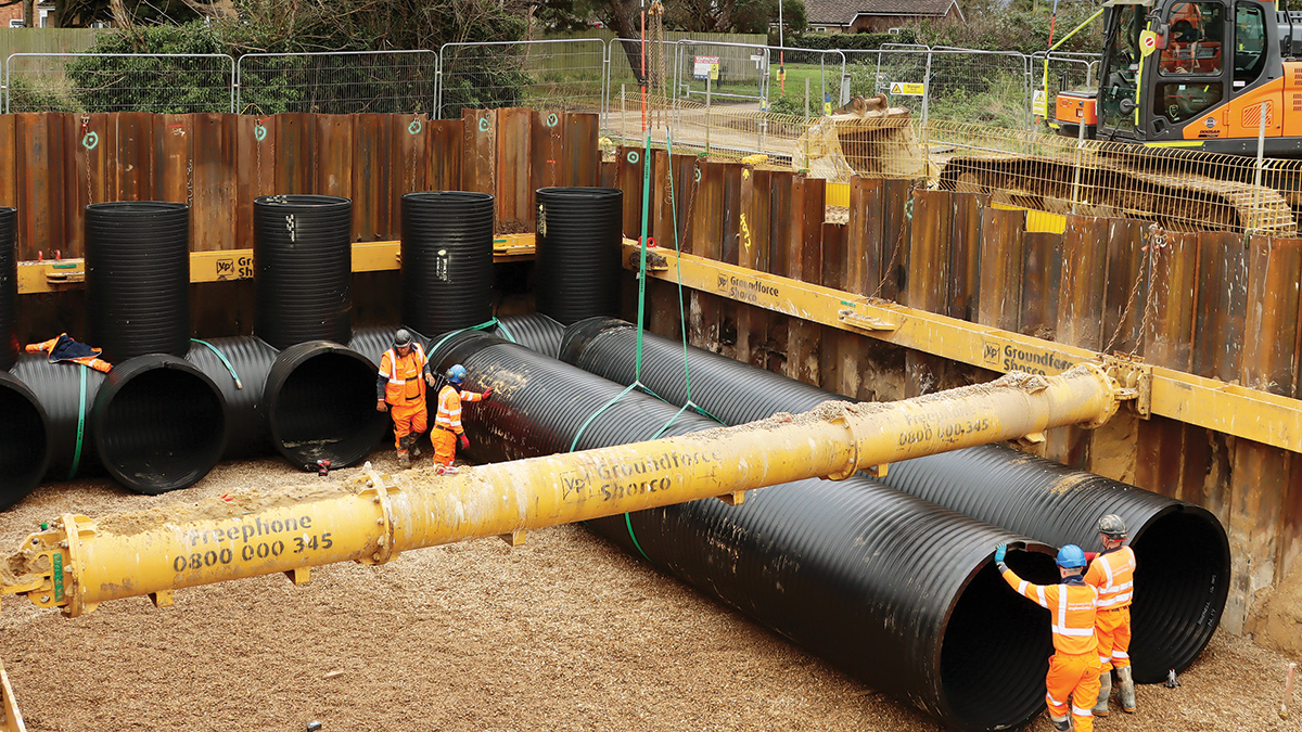 Installation of the five rows of 1500mm diameter Weholite pipes within the cofferdam - Courtesy of Anglian Water’s @one Alliance