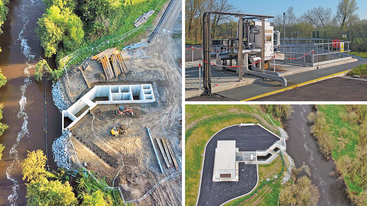 (left) Raw water intake under construction, (top right) the Beaudrey raw water inlet screen, and (bottom right) the completed structure - Courtesy of Glanua