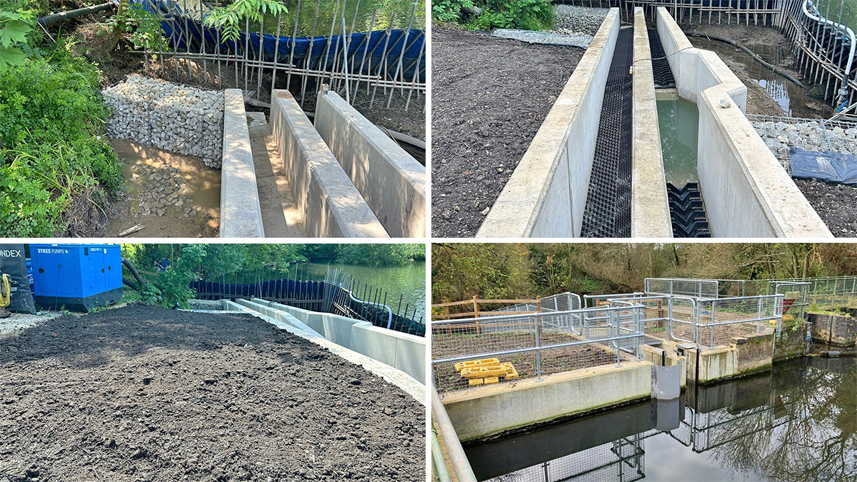 Construction components; clockwise from top left: Gabion baskets, specialised fish and eel tiles, soil reinstatement, and safety railings - Courtesy of Stonbury Ltd
