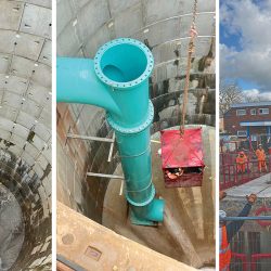Station Approach shaft storm tank: (left) the completed shaft (middle) pipework installation, and (right) roof installation - Courtesy of Forkers Ltd