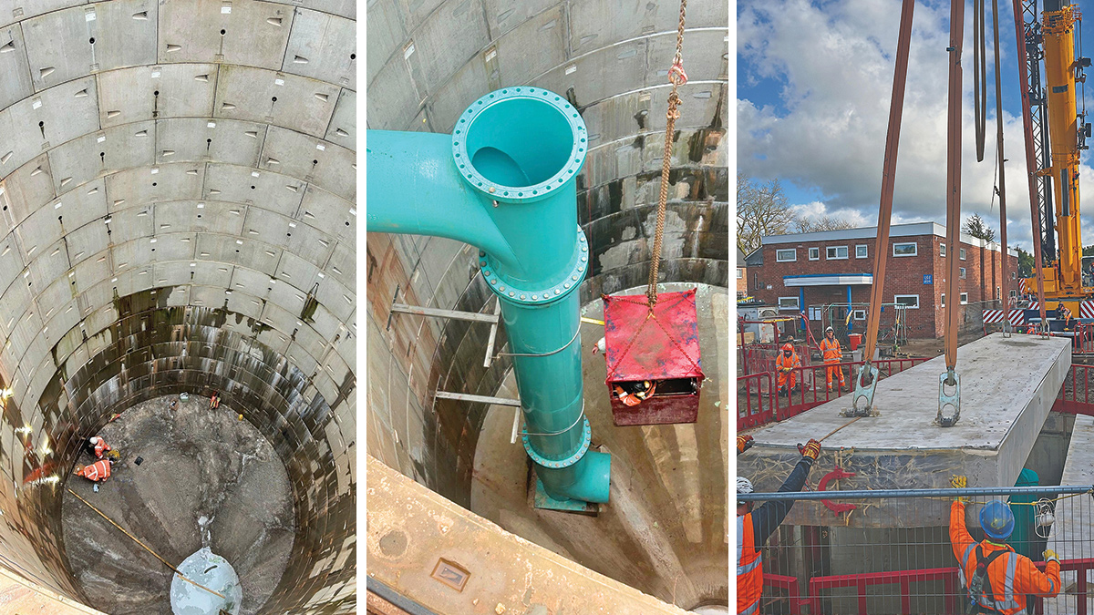 Station Approach shaft storm tank: (left) the completed shaft (middle) pipework installation, and (right) roof installation - Courtesy of Forkers Ltd