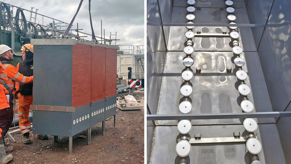 MBR Oxitank (left) Bluefoot membrane installation and (right) fit-out in tanks coated with Belzona protective coatings applied by Barnett Engineering - Courtesy of Coffey