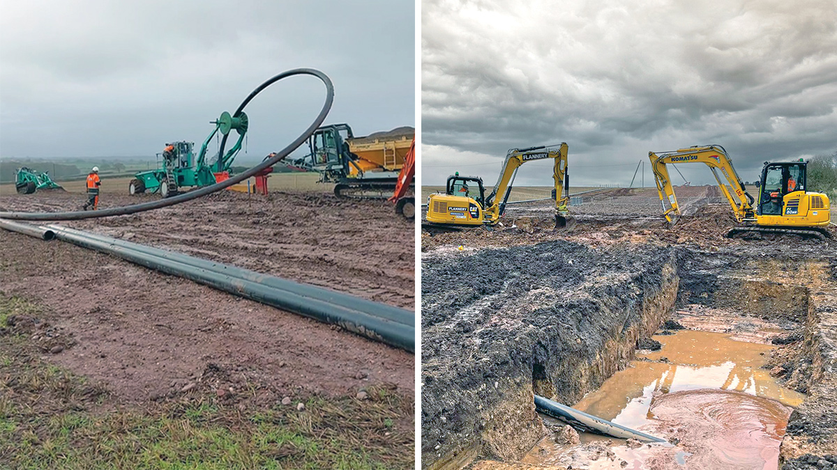 (left) Rising main pipe ploughing and (right) pipe ploughing to HDD integration - Courtesy of Coffey