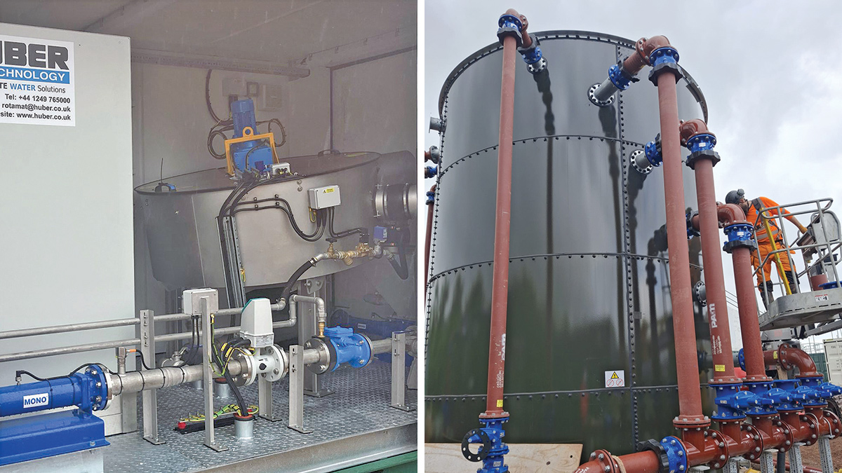 (left) Huber S-DISC sludge thickener and (right) Goodwin Tanks sludge tank installation at Village STW with mechanical installations by JSS&I - Courtesy of Coffey