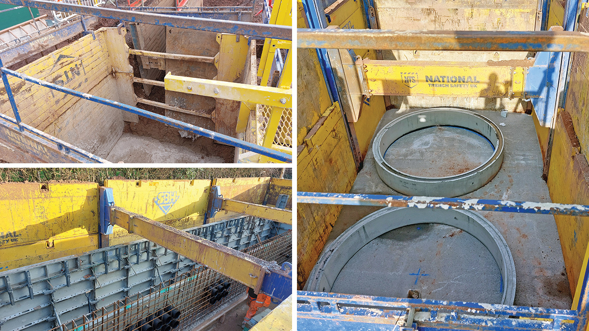 Temporary works: (top left) pipe and chamber installation works, (bottom left) for the Village STW main MCC and (right) for the construction of the works return PS - Courtesy of Coffey(bottom left) for the Village STW main MCC and (right) for the construction of the works return PS - Courtesy of Coffey