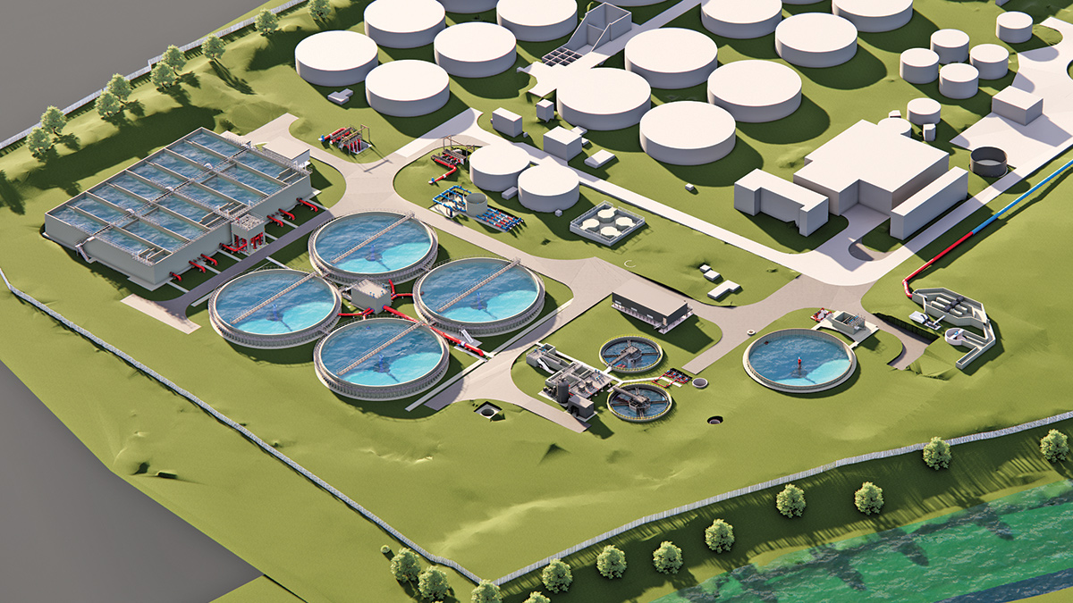 Render showing the new assets at Longbridge STW - Courtesy of Mott MacDonald Bentley