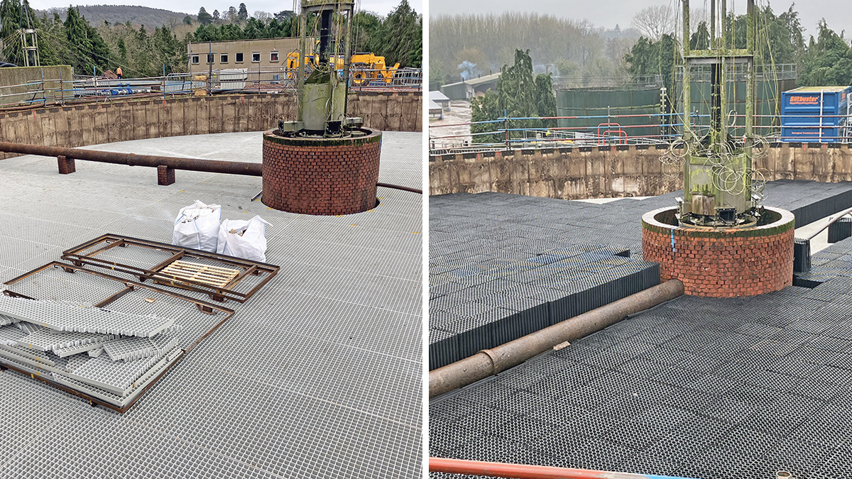 (left) Installation of new the filter floor and (right) Installation of new Bio-Blok<sup>®</sup> media - Courtesy of MMB