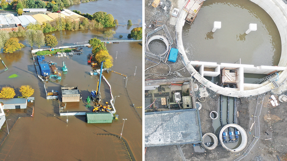 (left) Fluvial flooding event in 2024 within the site compound, and (right) utilising the new storm tank for temporary storage following an outlet pumping main failure - Courtesy of BSG Civil Engineering Ltd