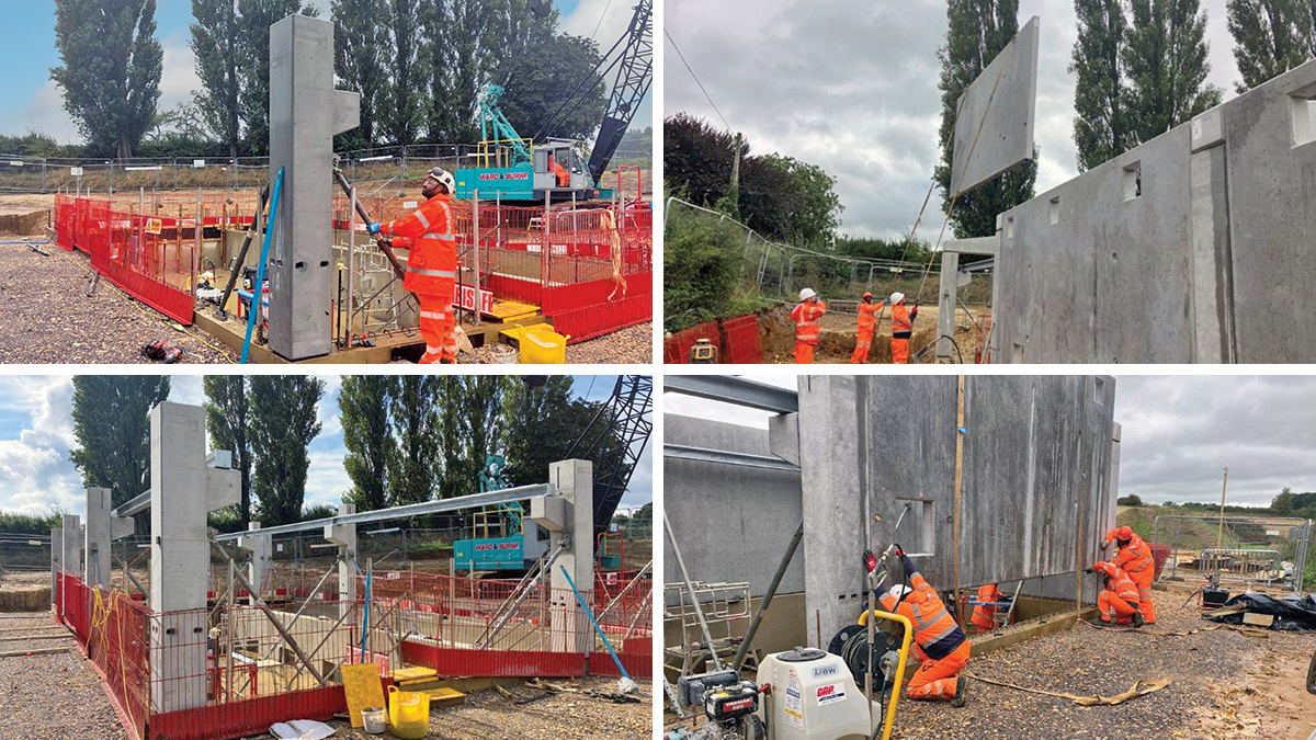 (top left) Precast column installation (bottom left) precast concrete corbels formed into columns to support, (top right) precast wall installation and (bottom right) ventilation openings formed into wall panels - Courtesy of Ward & Burke