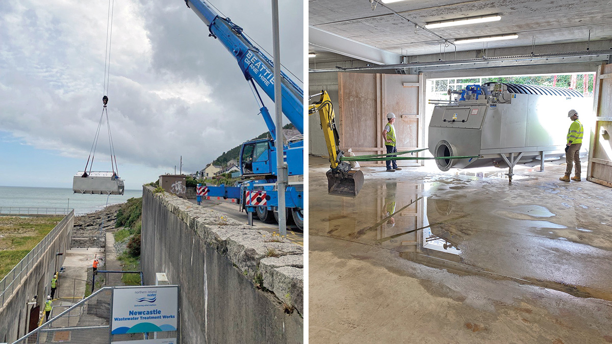 (left) Lifting of tertiary disc filters to below road level for transferring into existing treatment building and (right) Transferring of tertiary disc filters into existing treatment building via a purpose-built opening in the outer wall - Courtesy of Murphy