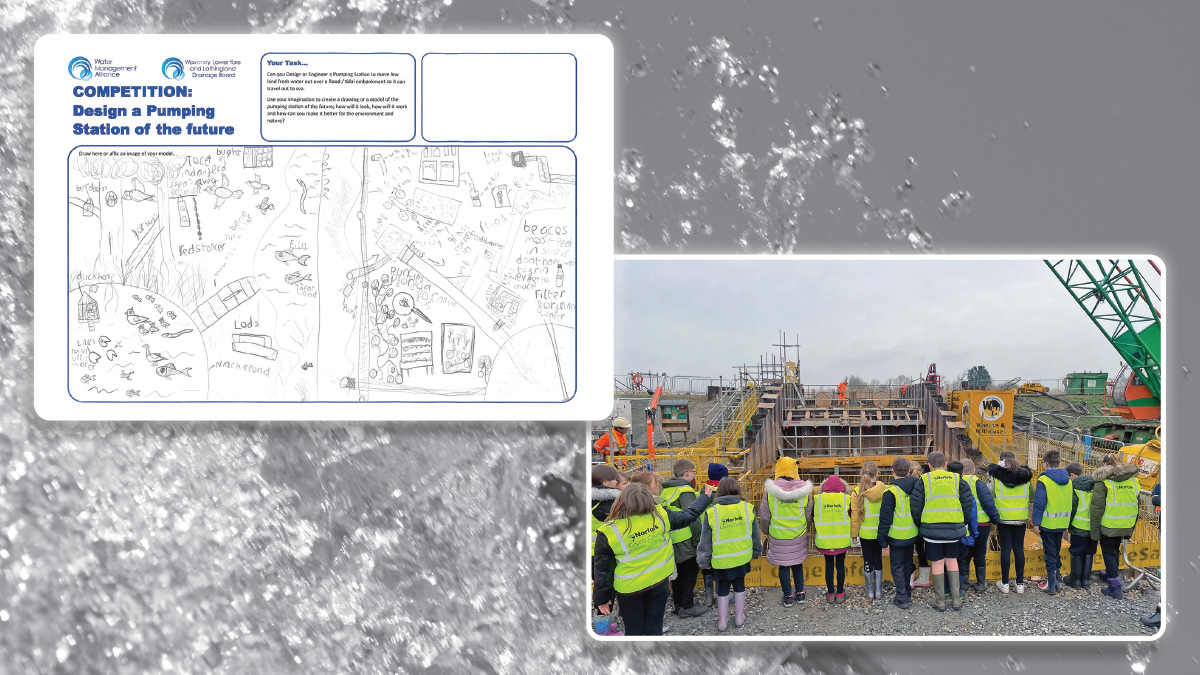 (left) Thurlton Primary School winning entry for pumping station of the future and (right) Thurlton Primary School site visit - Courtesy of Water Management Alliance