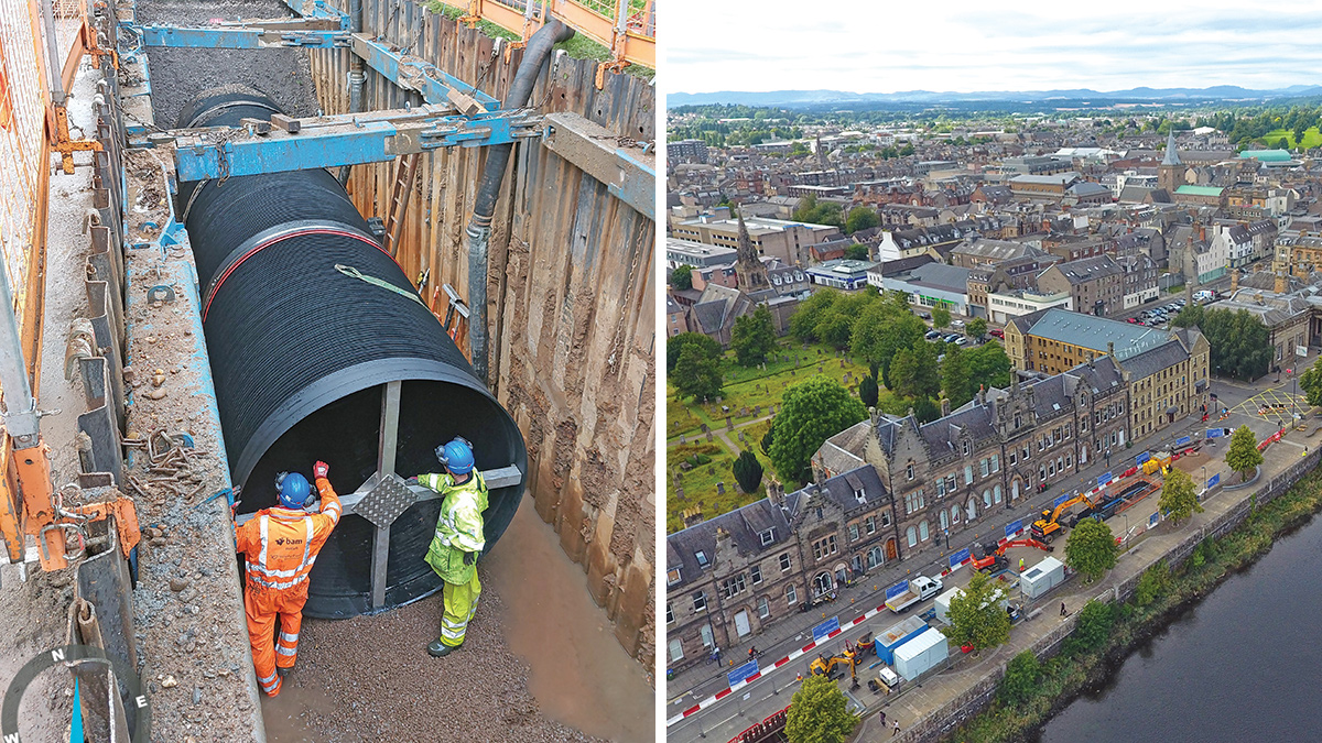 (left) Shore Road cofferdam 16: Aquaspira reinforced steel composite pipe installation and (right) construction work on Tay Street - Courtesy of CWA