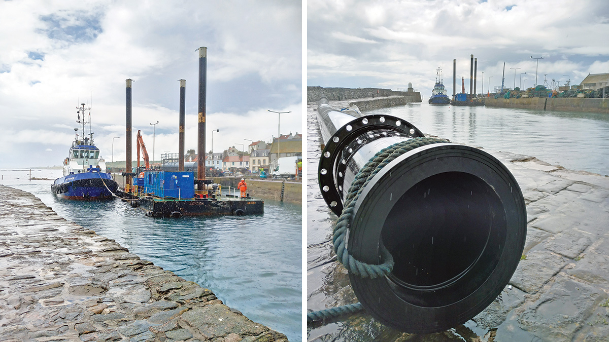 (left) The spud leg barge being brought into the harbour and (right) the sea outfall pipe - Courtesy of Caledonia Water Alliance