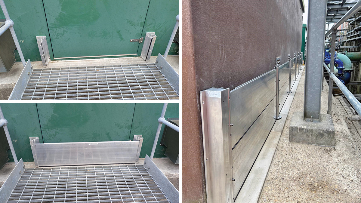 (left) Removable flood barriers deployed and removed at MCC Kiosk entry and (right) deployed over vents – Courtesy of Trant Engineering