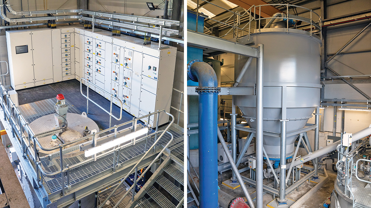 (left) Mezzanine platform: MCC & holding tank and (right) soda ash bulk storage silo - Courtesy of NI Water