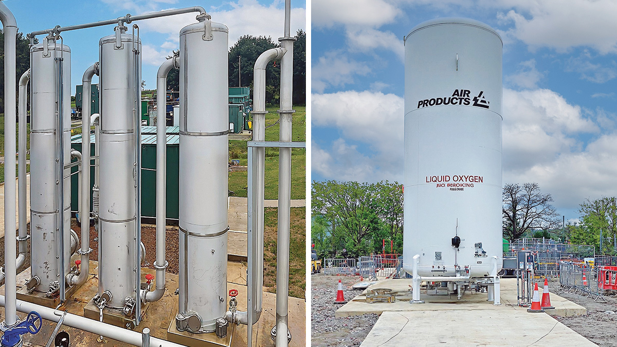 (left) Frankton STW ozone treatment plant from Curio Group and (right) liquid oxygen storage tank from Air Products at Itchen Bank STW - Courtesy of Severn Trent
