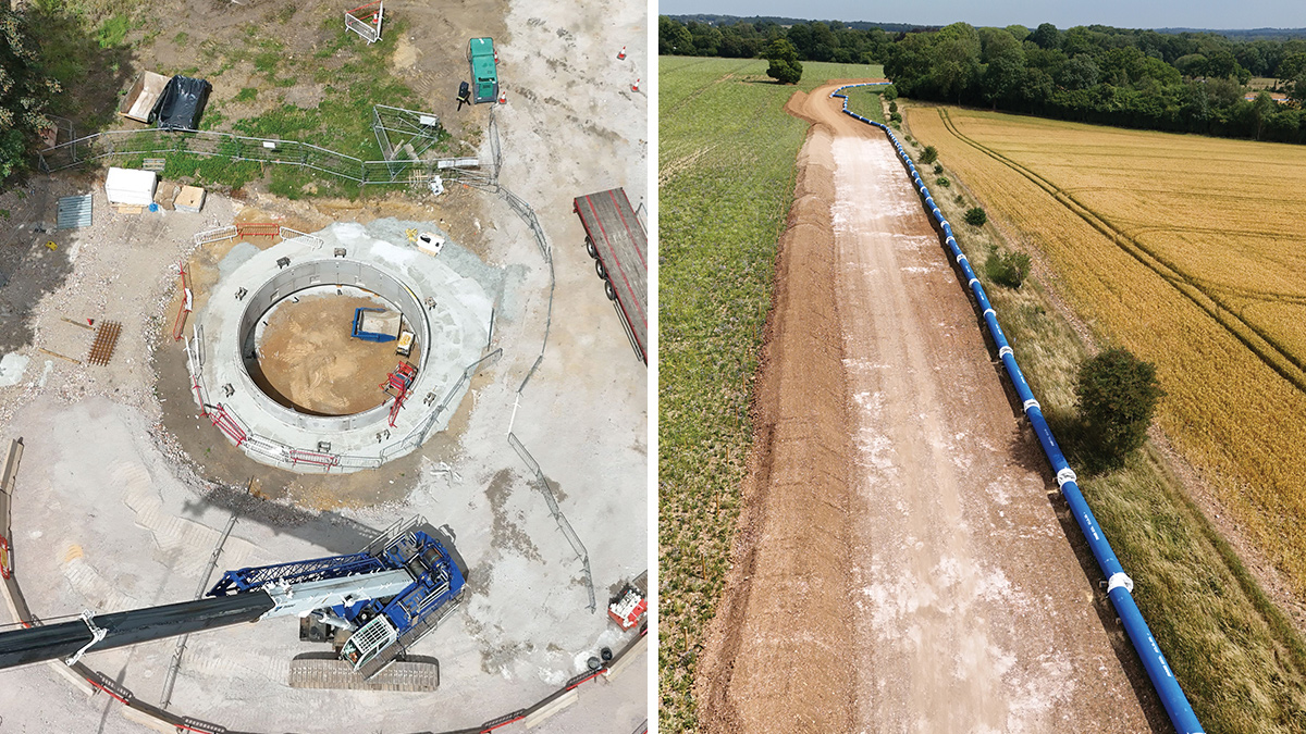 Otterbourne to Yew Hill: (left) shaft sinking - Courtesy of Southern Water and (right) DN700 pipework - Courtesy of Bartlett Contractors Ltd