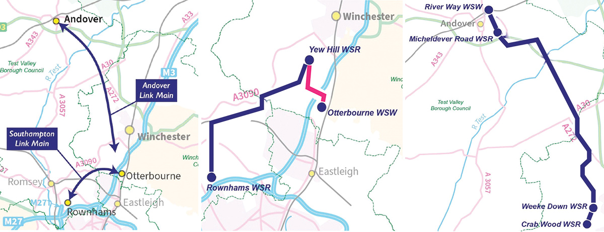 (left) SLM & ALM location plan, (middle) SLM alignment overview and (right) ALM alignment overview - Courtesy of Southern Water
