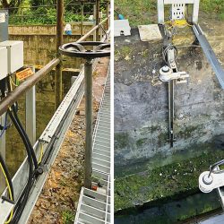 (left) Settled storm overflows (SSO) radars and junction box at South Street East Barming WwPS and (right) full flow to treatment (FFT) radar and flow to storm (FTS) radar at Cowden WwTW - Courtesy of Trant Engineering