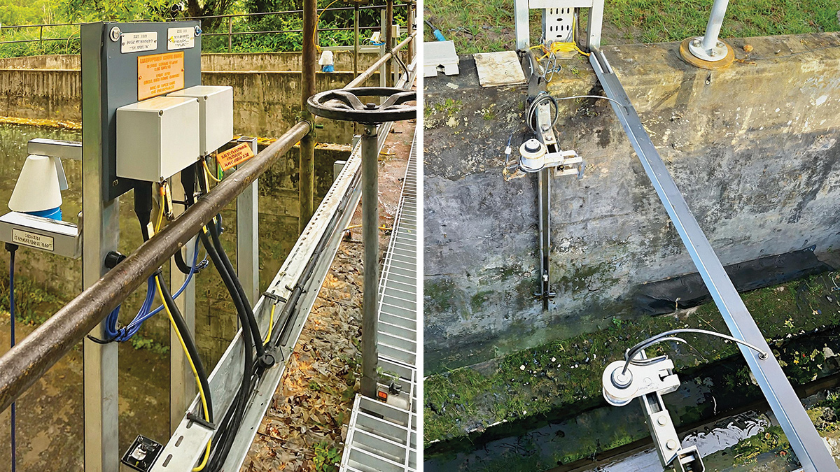 (left) Settled storm overflows (SSO) radars and junction box at South Street East Barming WwPS and (right) full flow to treatment (FFT) radar and flow to storm (FTS) radar at Cowden WwTW - Courtesy of Trant Engineering