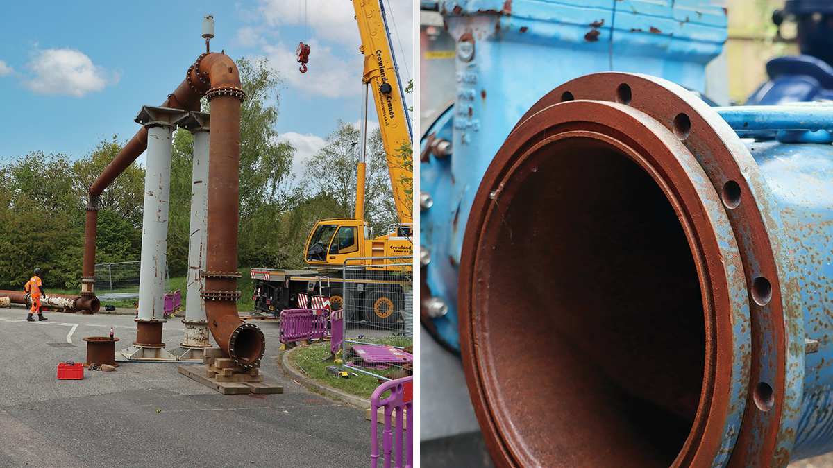 (left) Temporary pipebridge installation at a road crossing and (right) the overpumping pipework - Courtesy of Anglian Water’s @one Alliance