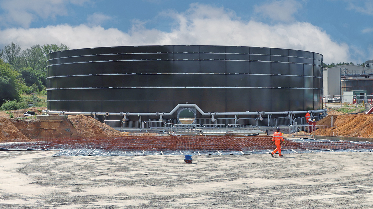 New stormwater storage tank from Hayes GFS Ltd and (foreground) base preparation for a second tank - Courtesy of Anglian Water’s @one Alliance.