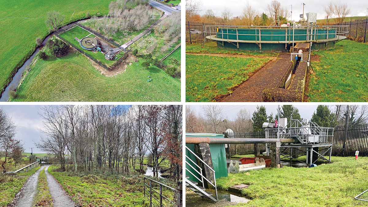The existing wastewater treatment facility at Tamlaght: (top left) Overview of site, (top right) the existing compact activated sludge plant, (bottom left) the existing works entrance and (bottom right) the existing inlet works - Courtesy of DLJ Water Ltd