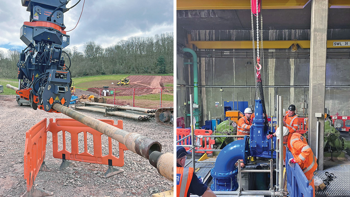 (left) Integration of Tonghand XS to eliminate manual wrench handling during HDD crossing works and (right) Installation of a permanent cross connection setup within the existing pump house to facilitate the new resilience flows - Courtesy of Coffey Construction UK