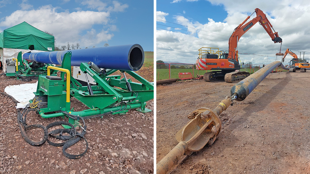 (left) 630mm (OD) SDR9 pipe welding progressing on the HDD crossings and (right) 70-ton HDPE pipe string being winched into the bore on Gun Hill - Courtesy of Coffey Construction UK