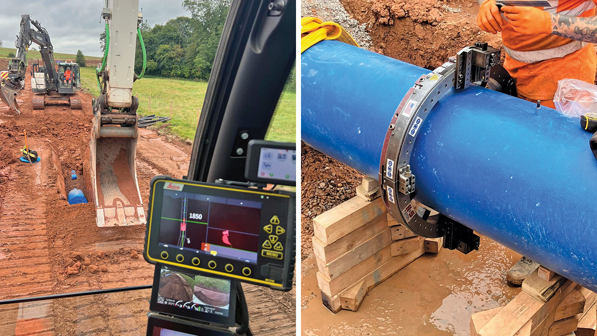(left) Advanced excavators using the latest in machine control technology for precision pipelaying activities and (right) Utilisation of halo keel cold cutter to provide a safer means of cutting pipework - Courtesy of Coffey Construction UK