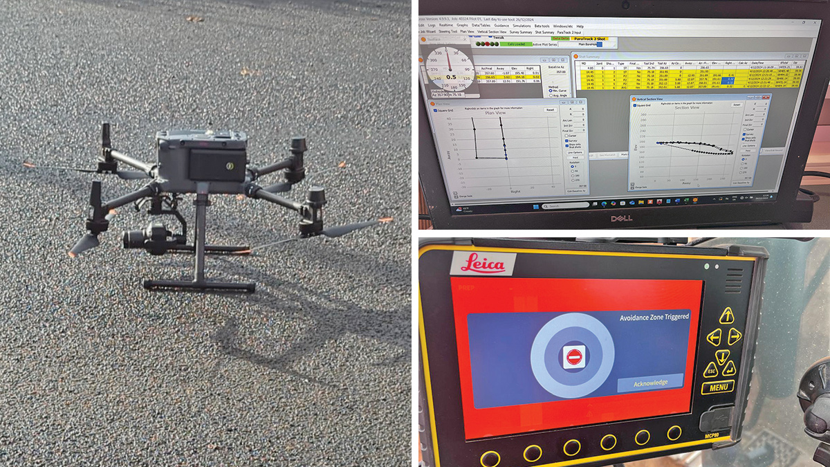 (left) UAV support played a pivotal role during the pipeline project, (top right) implementation of remote-guided advanced navigation systems during the pilot bore phase of the complex HDD crossings and (bottom right) Combining GPR survey data within the machine control files to achieve a zero-service strike rate across the full pipeline - Courtesy of Coffey Construction UK