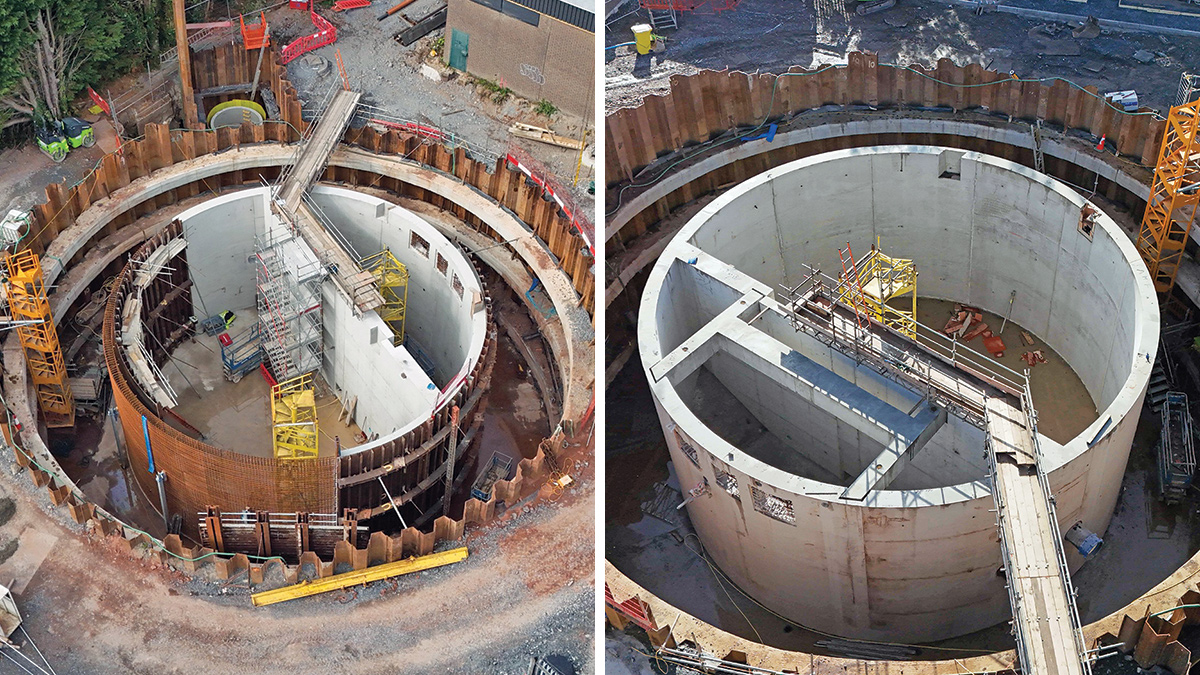 (left) Reinforced concrete pumping station structure under construction and (right) roof beam and completed RC structure - Courtesy of GRAHAM