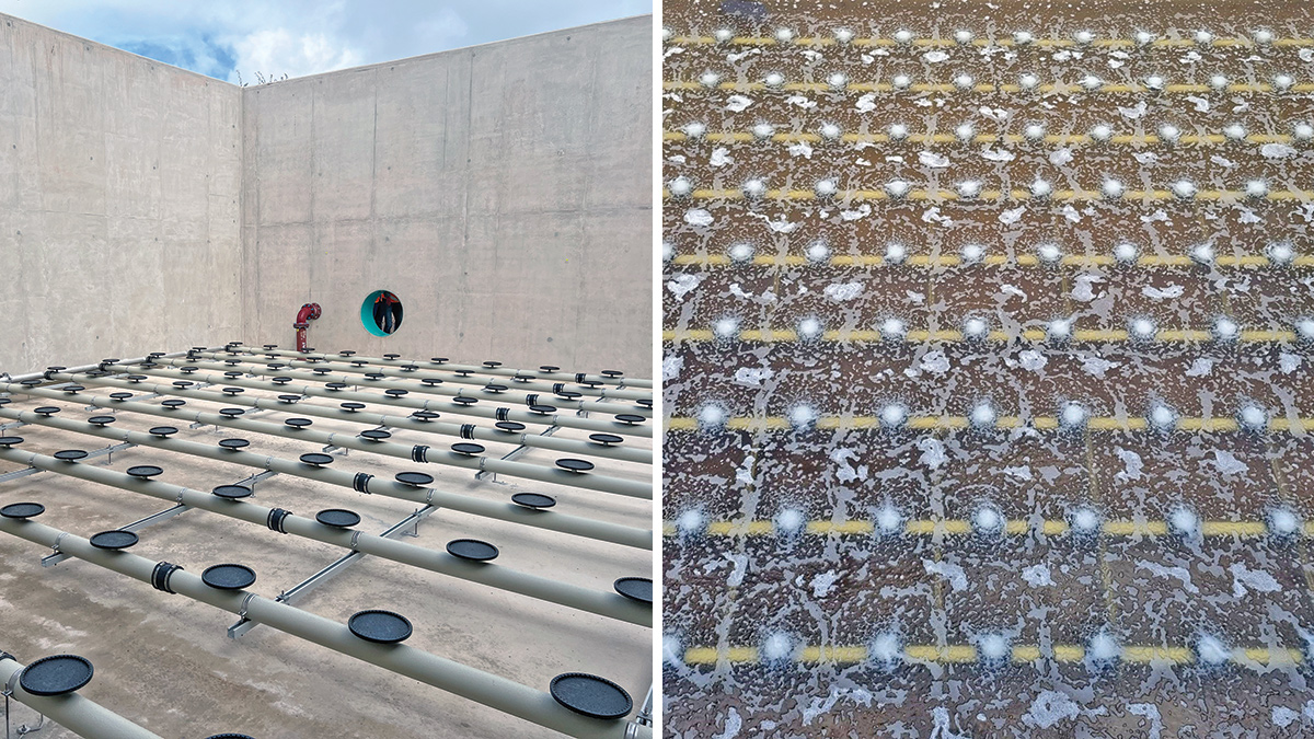 (left) Fine bubble aeration system in the Oxibox cell and (right) aeration system leak and pattern test - Courtesy of MMB