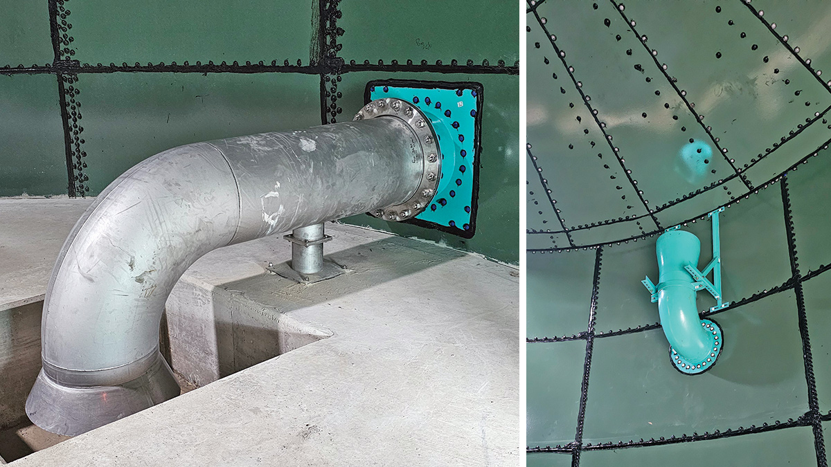 (left) Tank internal view on draw off pipe and (right) tank internal view on overflow pipe - Courtesy of MMB