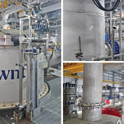 Witches Oak WTW: (left) CeraMac vessel towards the end of installation, (top right) backwash vessel in the foreground and CeraMac vessels in the background, and (bottom right) view of the air-spring manifold - Courtesy of Severn Trent/Nijhaus/PWNT
