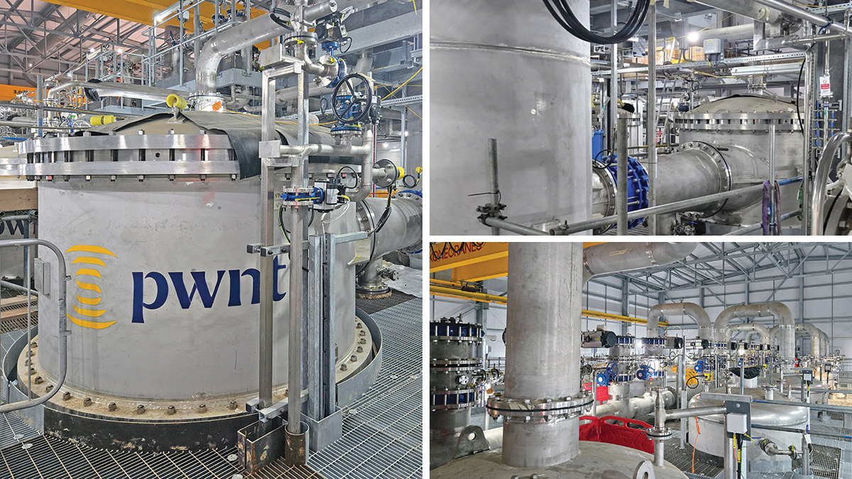 Witches Oak WTW: (left) CeraMac vessel towards the end of installation, (top right) backwash vessel in the foreground and CeraMac vessels in the background, and (bottom right) view of the air-spring manifold - Courtesy of Severn Trent/Nijhaus/PWNT