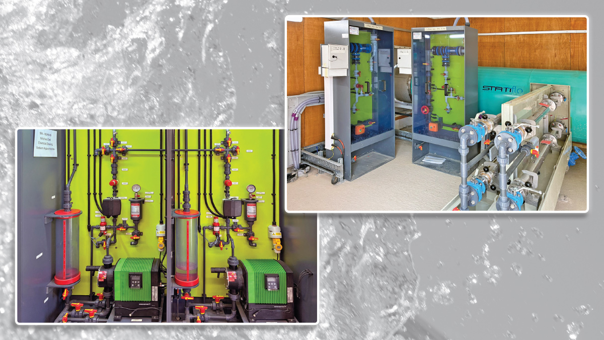 (left) Sodium hypochlorite dosing cabinet by IIES Northern Ltd and (right) chemical injection lances and point of application cabinets - Courtesy of MWH Treatment