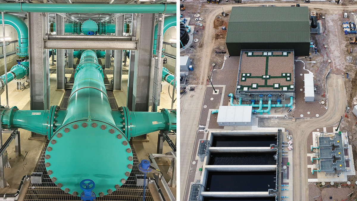 (left) GAC pipework gallery ground floor and (right) dirty backwash and treated water tanks - Courtesy of MWH Treatment