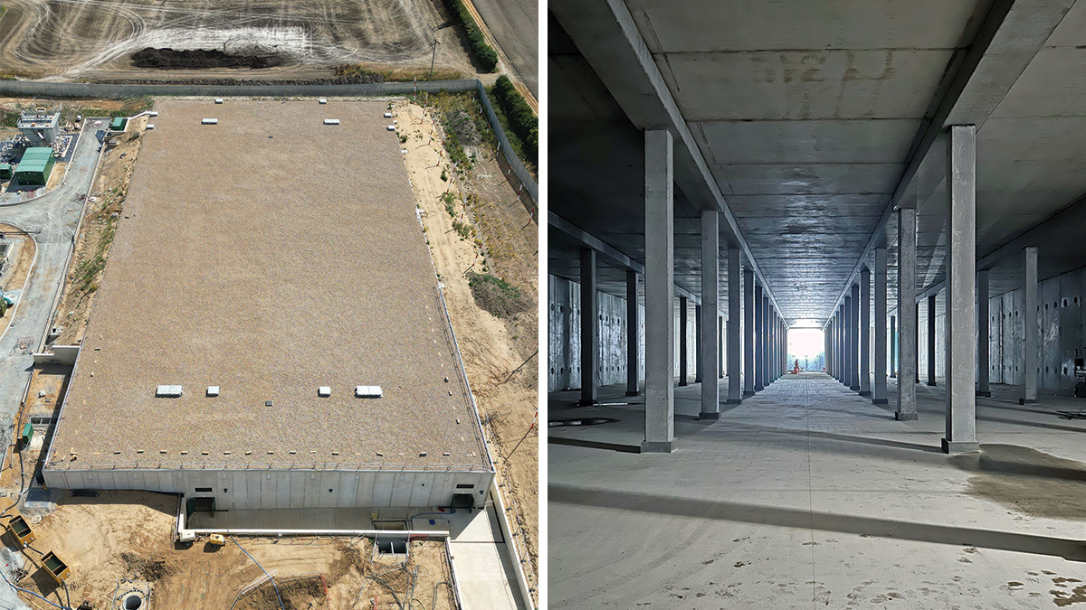 (left) The new twin-cell reservoir and (right) Inside the new water storage reservoir - Courtesy of Essex & Suffolk Water