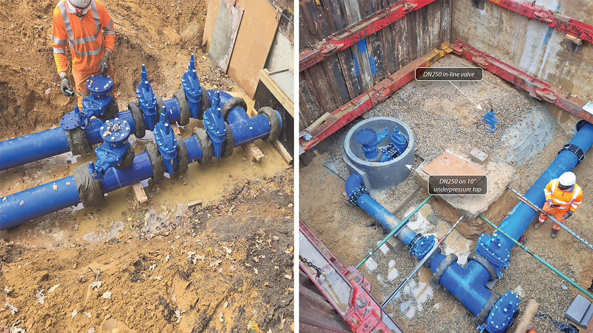 (left) Surge vessel and future discharge main pipework arrangement and (right) the installed cross connection between the new and old outlets - Courtesy of Ward & Burke
