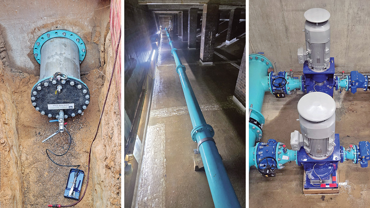 (left) Pressure testing arrangement for testing the newly cast outlets, (middle) the internal pipework installation, and (right) the final two pumps being installed - Courtesy of Ward & Burke
