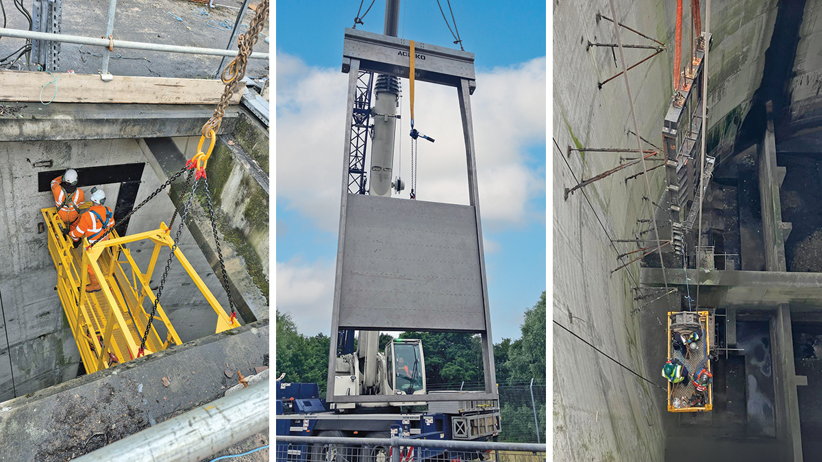 (left) Bespoke expandable man-basket, (middle) crane lift of the new penstock, and (right) new penstock and access basket being lowered into position - Courtesy of Tetra Tech