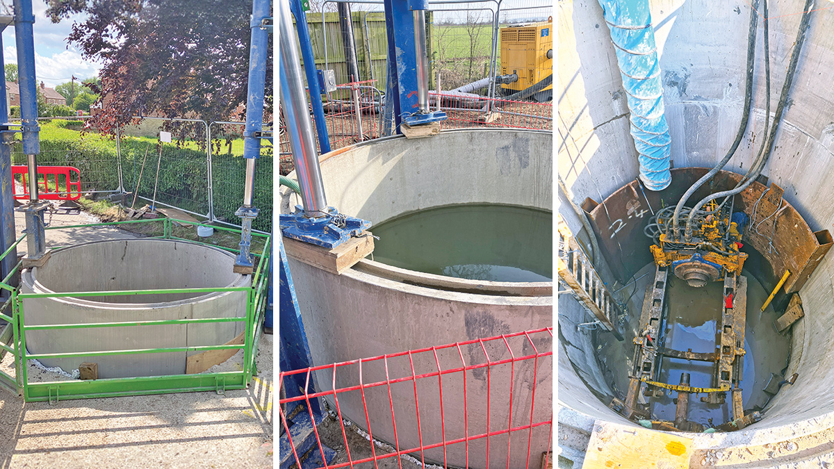 (left) Sinking a manhole as a caisson shaft, (middle) groundwater rising above ground level, and (right) auger boring from one manhole to another - Courtesy of Mott MacDonald Bentley