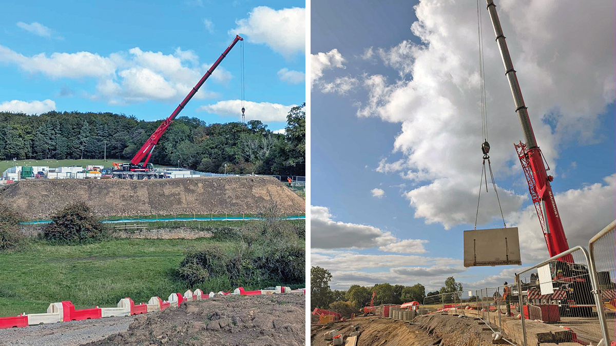 (left) Overview of site during tank construction and (right) start of the construction of the precast concrete tank - Courtesy of Esh Stantec