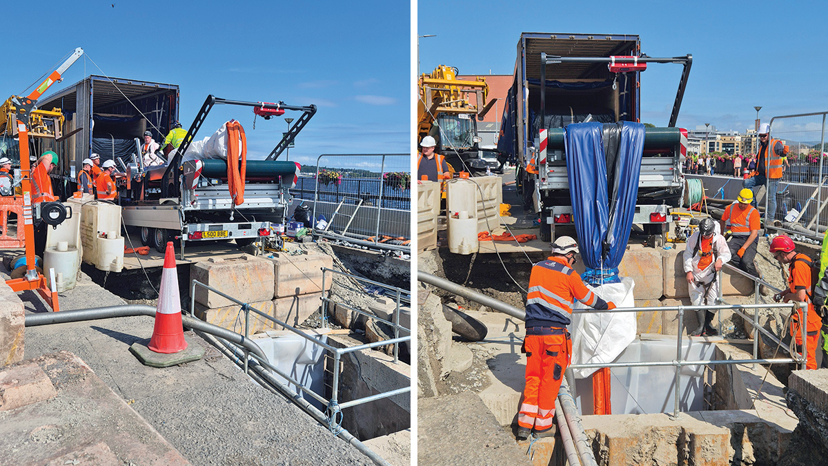 (left) Use of a folding table to effectively condense the liner to navigate it through the manhole opening without damage and (right) 1,350mm liner being inserted into the manhole access point - Courtesy of Arup